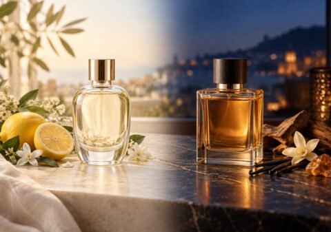 Two perfumes representing daytime freshness and evening warmth
