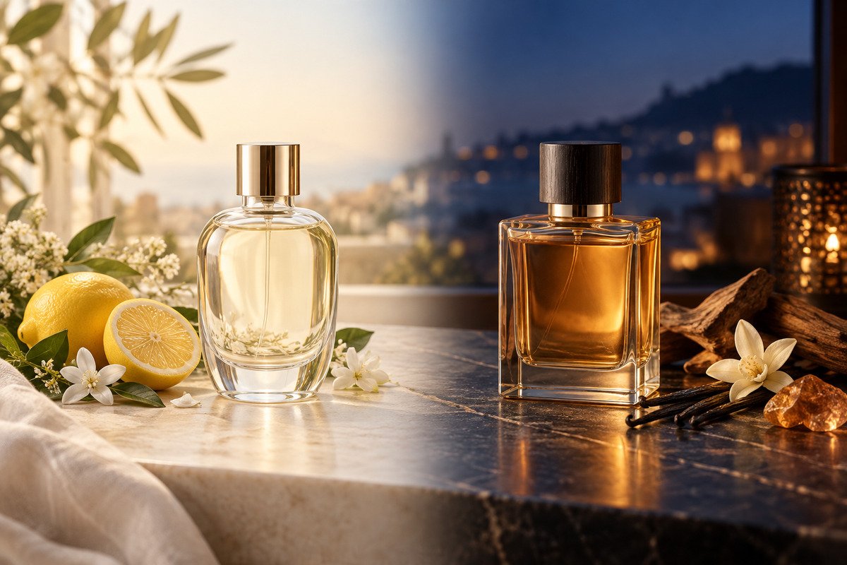 Two perfumes representing daytime freshness and evening warmth