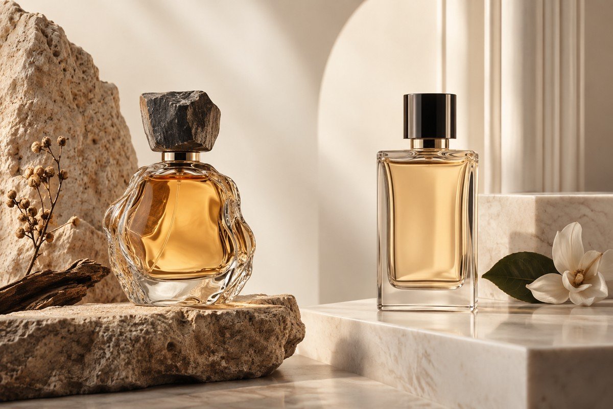 Niche and designer perfume bottles compared side by side